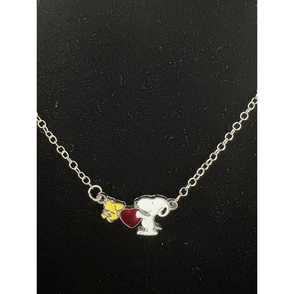 Snoopy Woodstock Necklace Red Heart Peanuts Silver Tone Enamel Jewelry